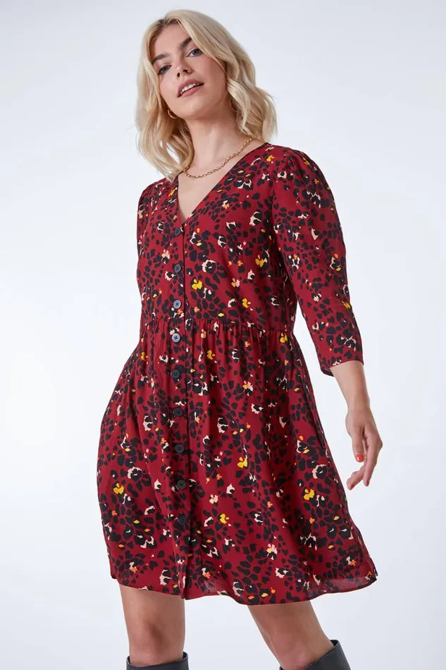 Copper Leopard Print Button Through Dress Women Roman Dresses
