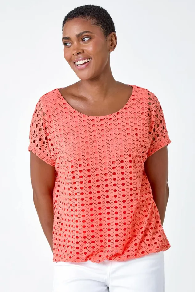 Coral Cut Out Detail Stretch Top Women Roman Tops