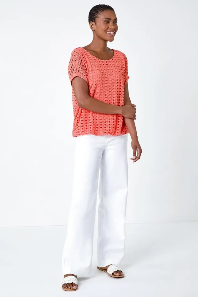 Coral Cut Out Detail Stretch Top Women Roman Tops