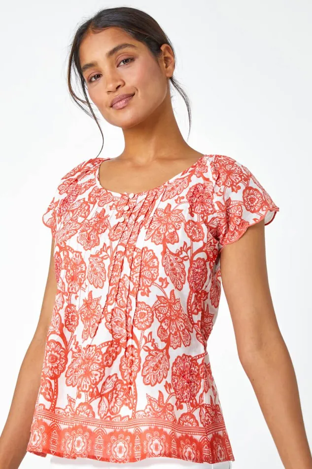 Coral Floral Print Cotton Top Women Roman Tops