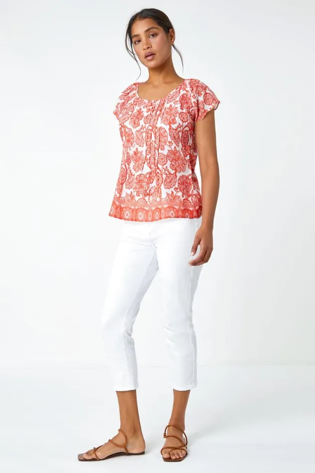 Coral Floral Print Cotton Top Women Roman Tops