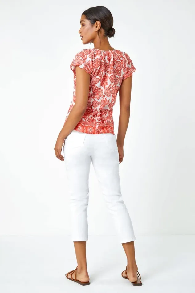 Coral Floral Print Cotton Top Women Roman Tops