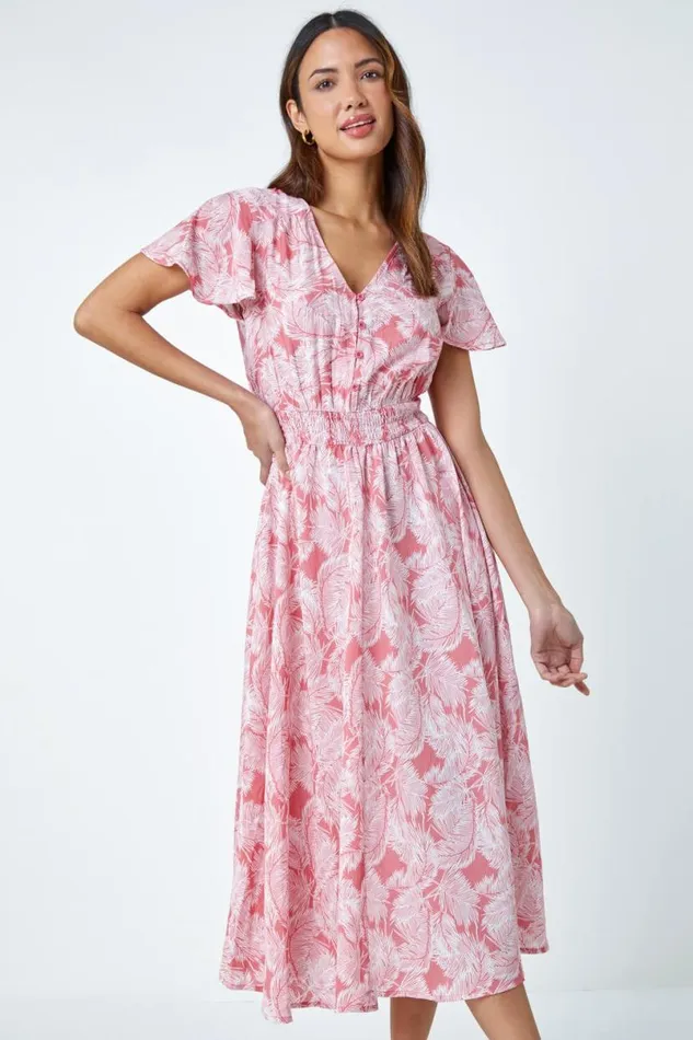 Coral Palm Print Tiered Midi Dress Women Roman Dresses