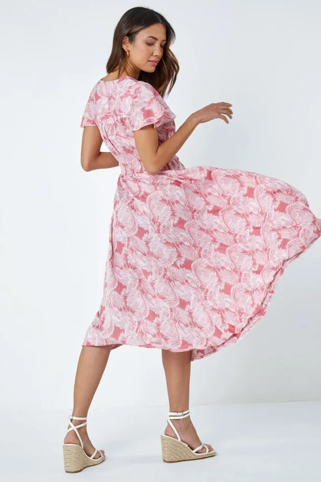 Coral Palm Print Tiered Midi Dress Women Roman Dresses