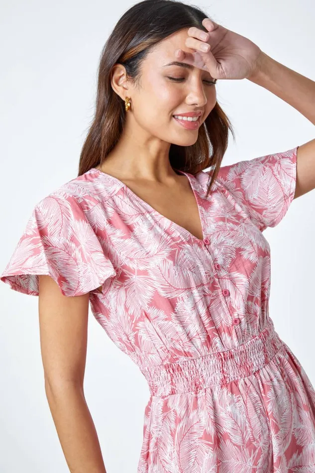 Coral Palm Print Tiered Midi Dress Women Roman Dresses