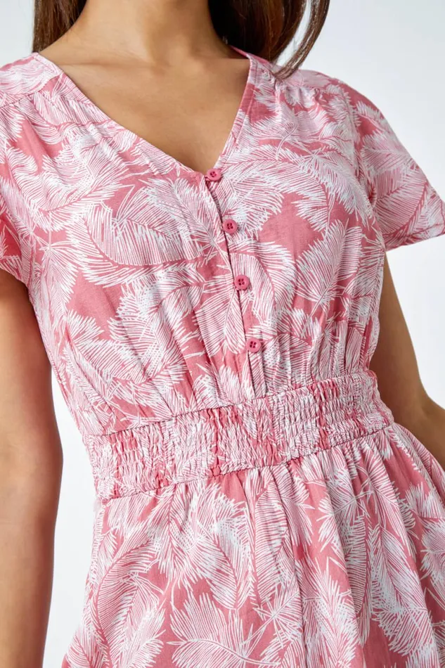 Coral Palm Print Tiered Midi Dress Women Roman Dresses