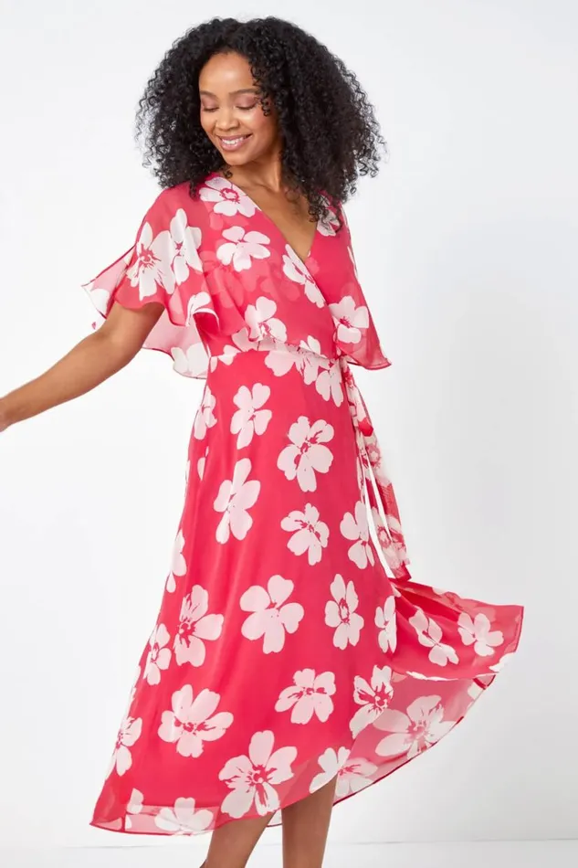 Coral Petite Floral Print Chiffon Cape Dress Women Roman Dresses