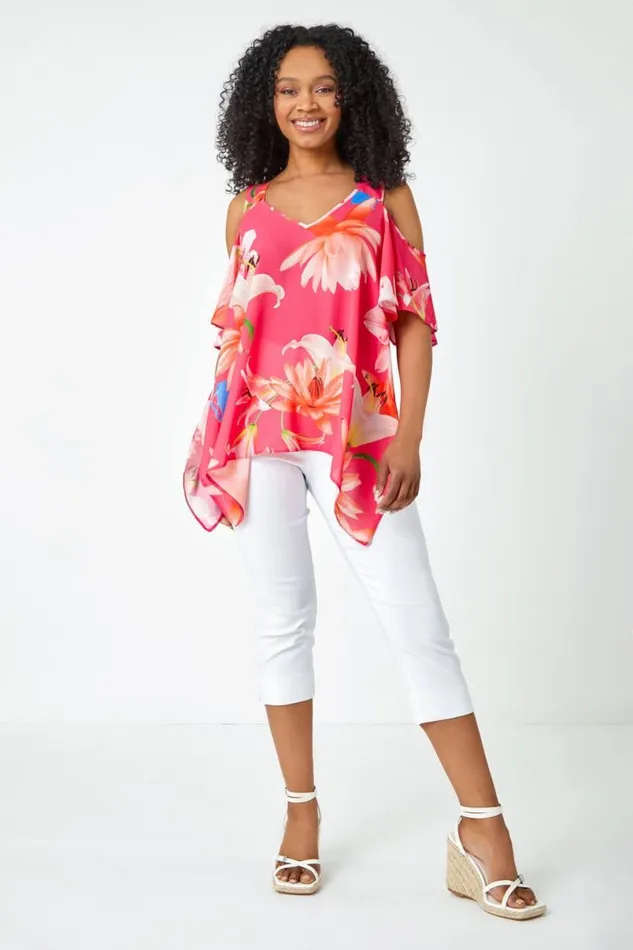 Coral Petite Floral Print Cold Shoulder Chiffon Top Women Roman Tops