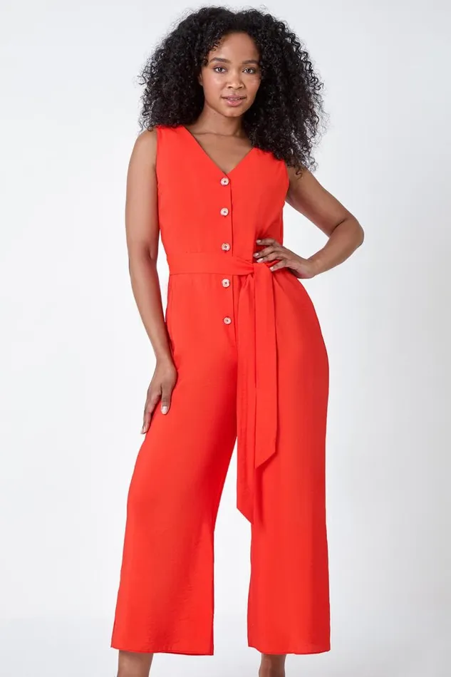 Coral Petite Sleeveless Button Front Jumpsuit Women Roman Dresses