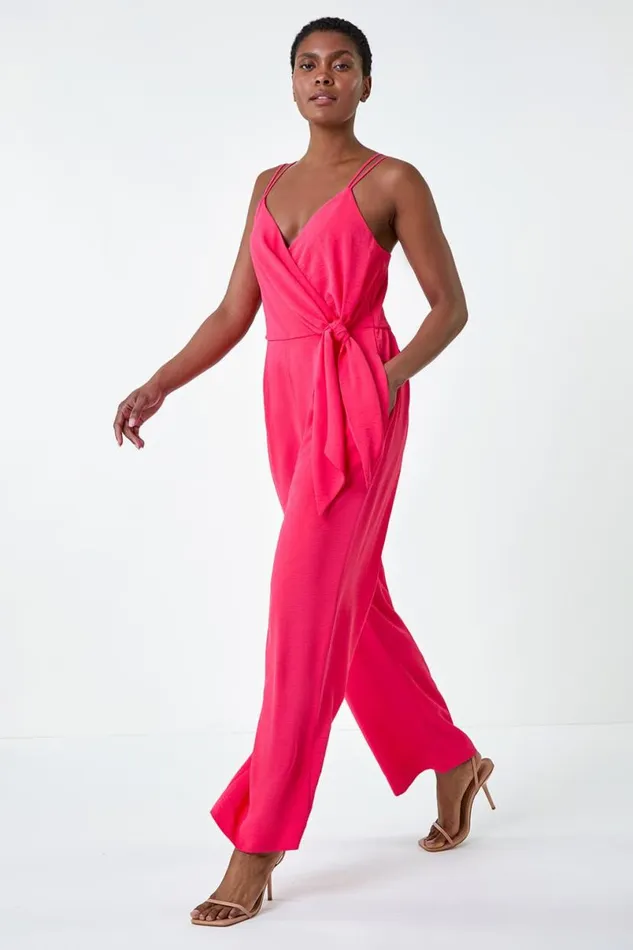 Coral Tie Waist Pocket Detail Wrap Jumpsuit Women Roman Dresses