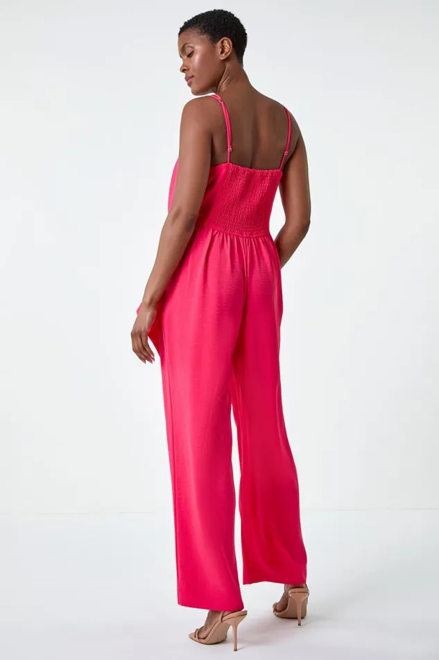 Coral Tie Waist Pocket Detail Wrap Jumpsuit Women Roman Dresses