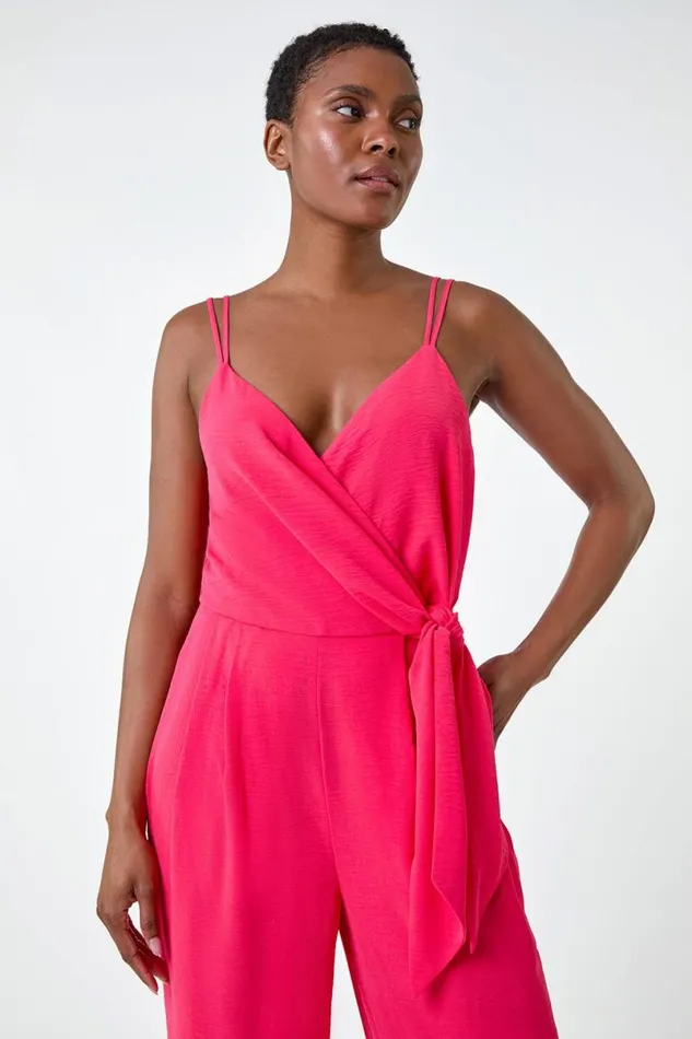 Coral Tie Waist Pocket Detail Wrap Jumpsuit Women Roman Dresses