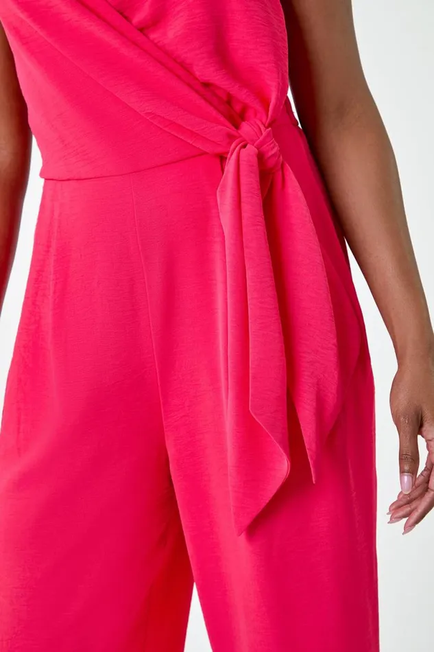 Coral Tie Waist Pocket Detail Wrap Jumpsuit Women Roman Dresses