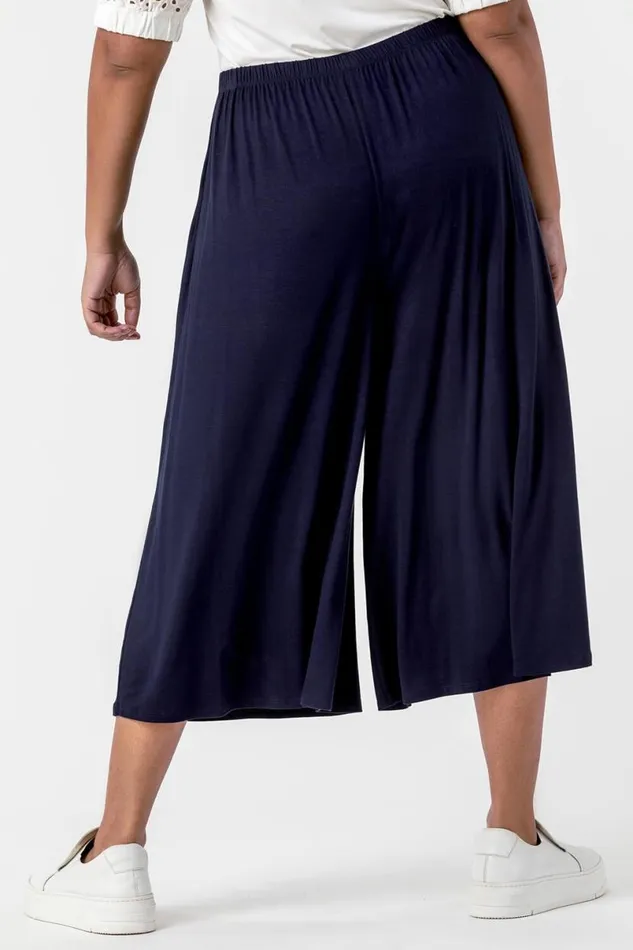 Curve Plain Elastic Waist Culotte Trousers Women Roman Trousers