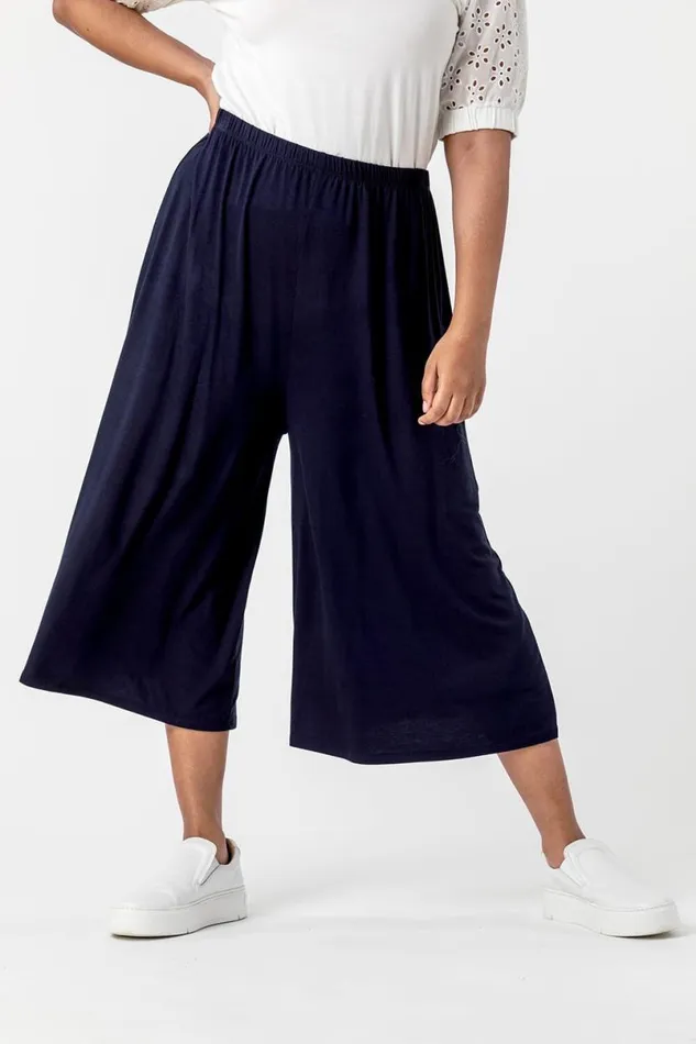 Curve Plain Elastic Waist Culotte Trousers Women Roman Trousers