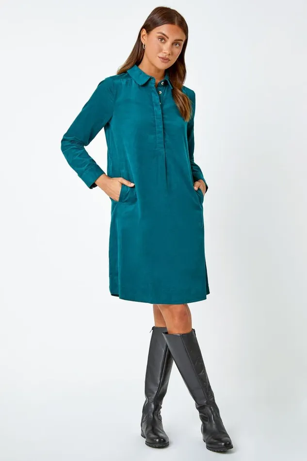 Dark Green Corduroy Tunic Shirt Dress Women Roman Dresses