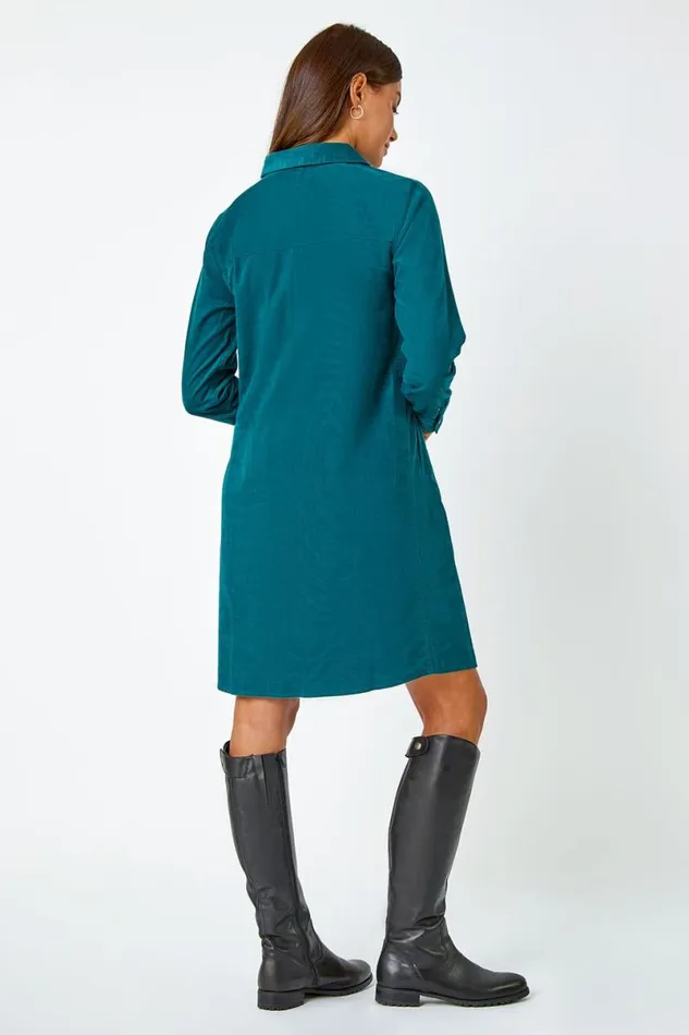 Dark Green Corduroy Tunic Shirt Dress Women Roman Dresses