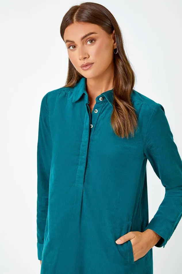 Dark Green Corduroy Tunic Shirt Dress Women Roman Dresses