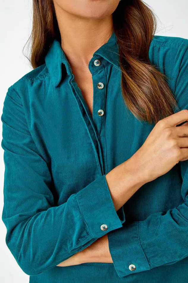 Dark Green Corduroy Tunic Shirt Dress Women Roman Dresses