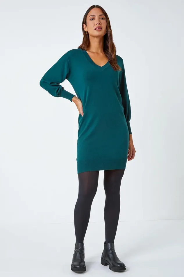 Dark Green Knitted Jumper Dress Women Roman Dresses