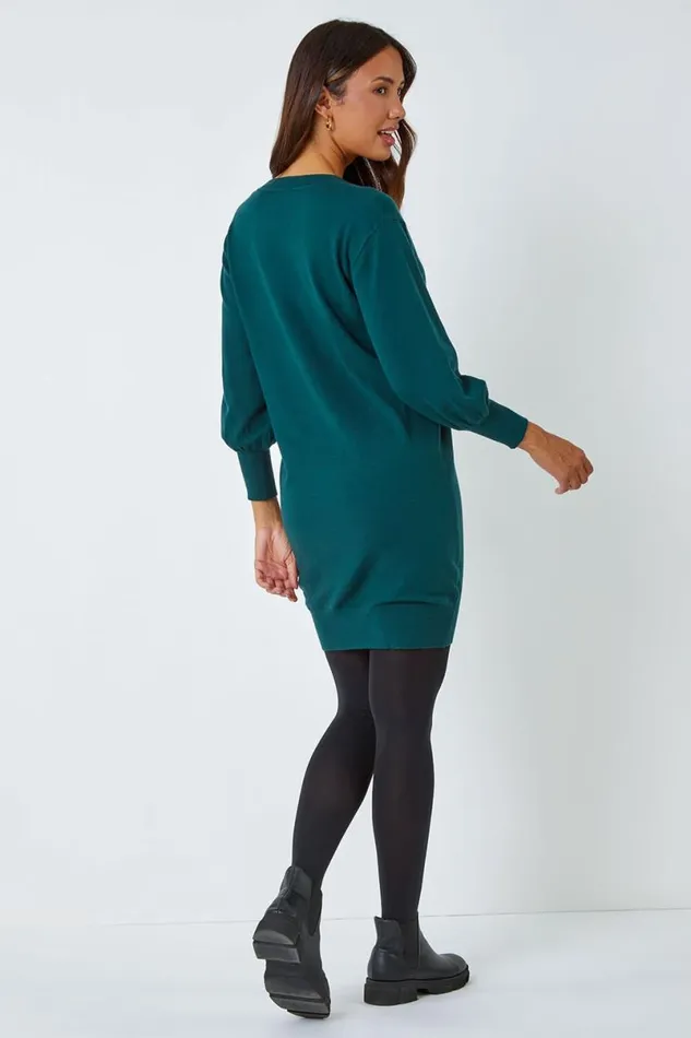 Dark Green Knitted Jumper Dress Women Roman Dresses