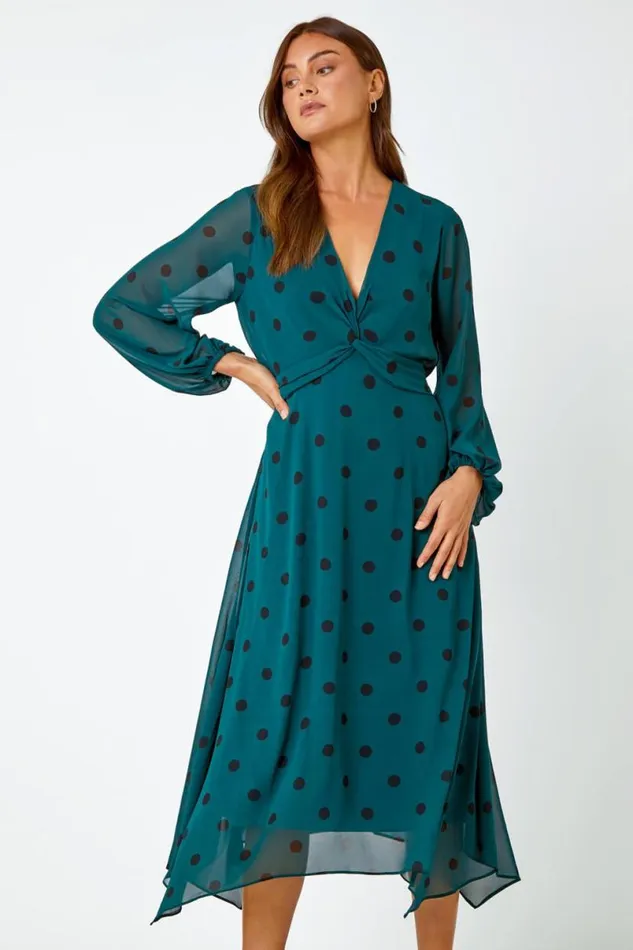 Dark Green Polka Dot Twist Front Midi Dress Women Roman Dresses