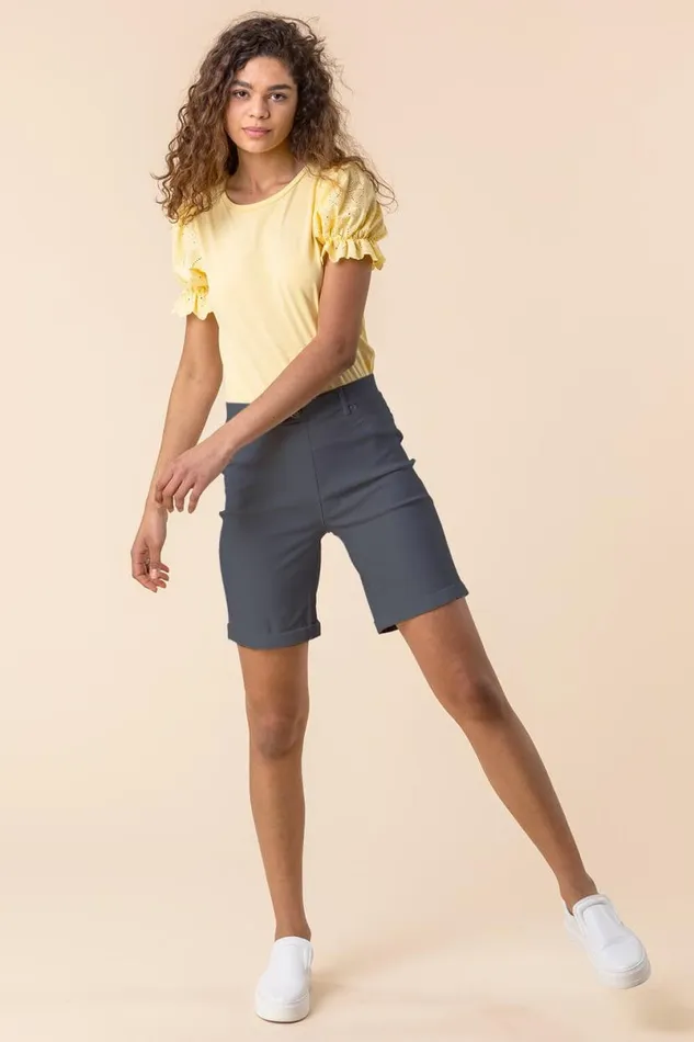 Dark Grey Elastic Waist Turn Up Stretch Shorts Women Roman Occasionwear