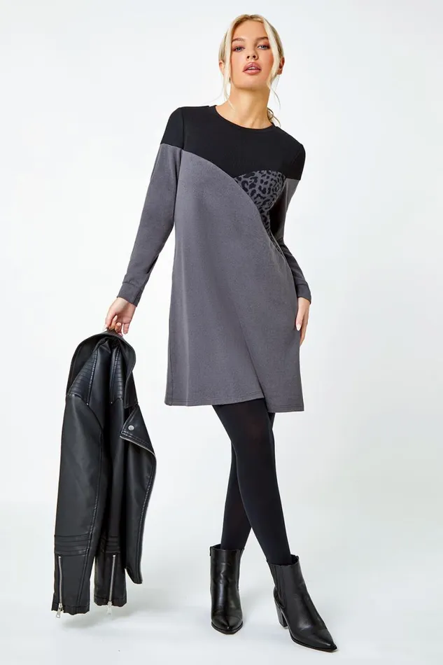 Dark Grey Petite Animal Colour Block Knit Dress Women Roman Dresses