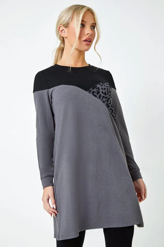 Dark Grey Petite Animal Colour Block Knit Dress Women Roman Dresses