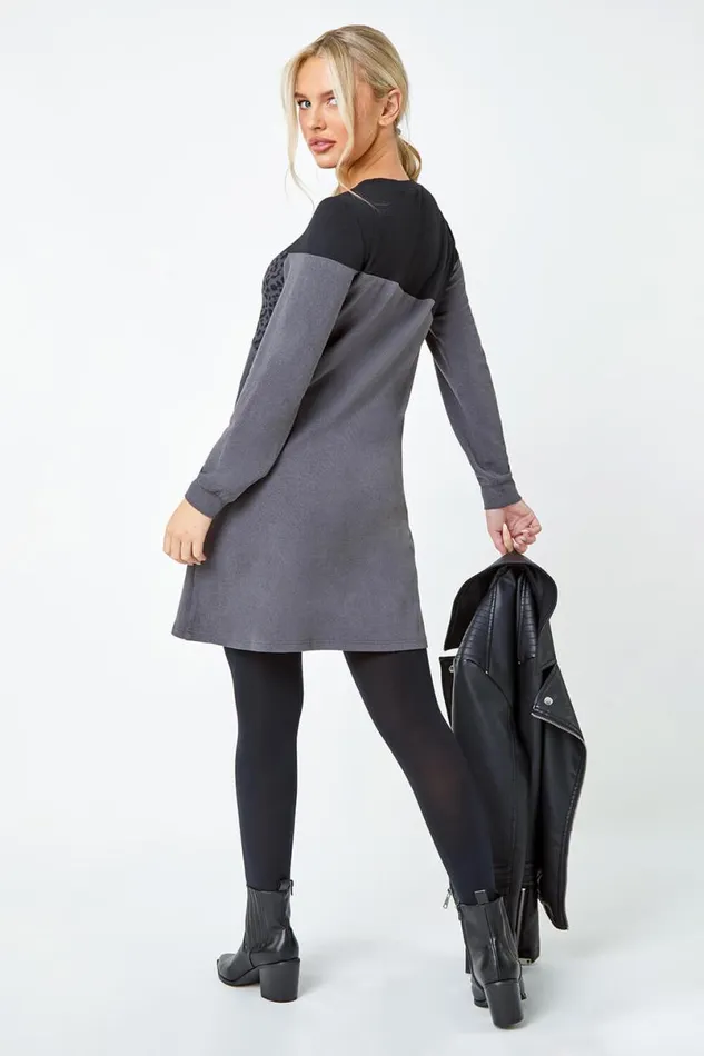 Dark Grey Petite Animal Colour Block Knit Dress Women Roman Dresses