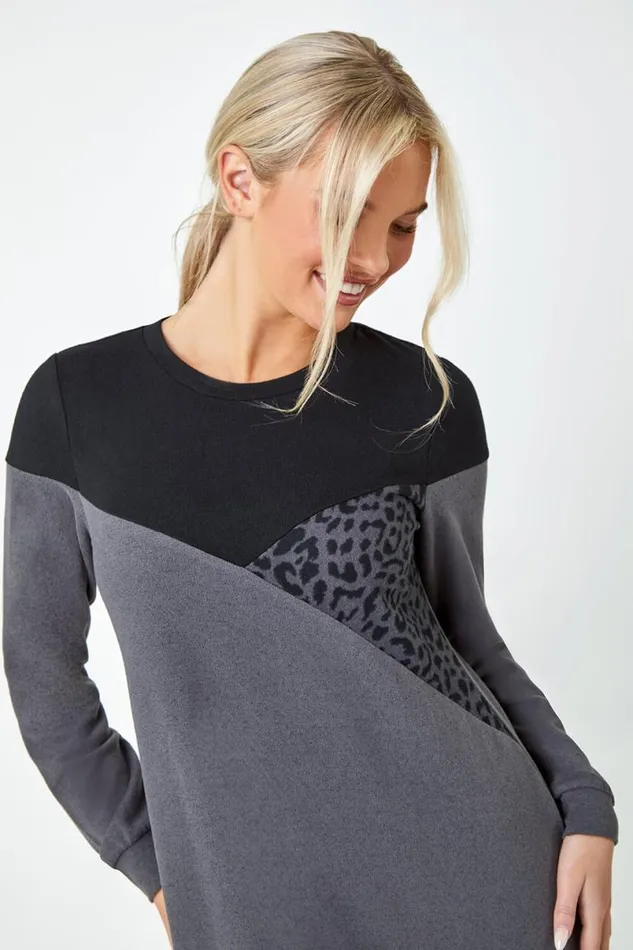Dark Grey Petite Animal Colour Block Knit Dress Women Roman Dresses