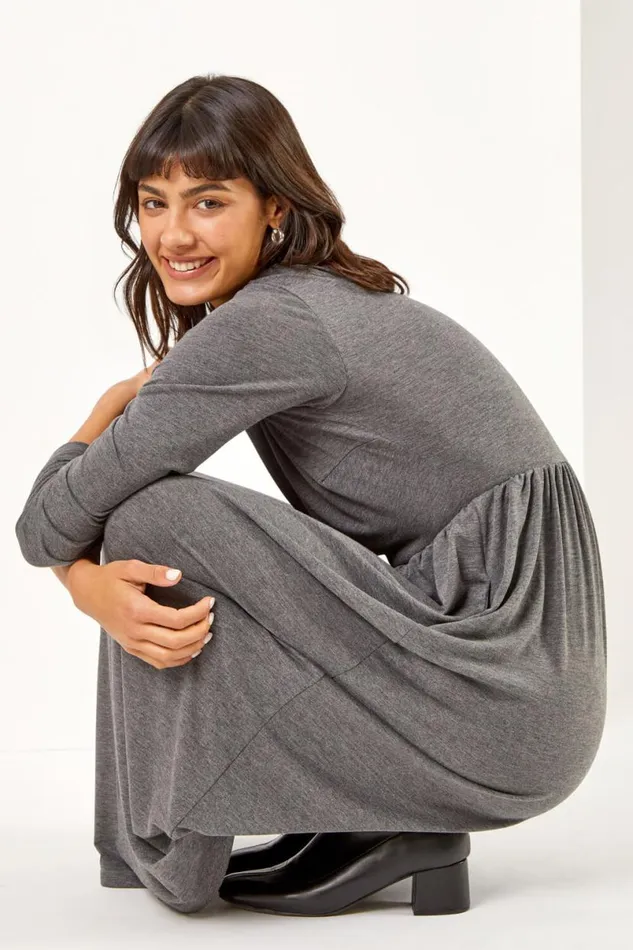 Dark Grey Pocket Stretch Maxi Dress Women Roman Dresses