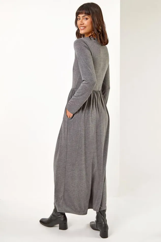 Dark Grey Pocket Stretch Maxi Dress Women Roman Dresses