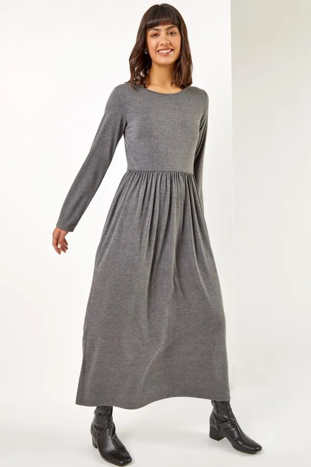 Dark Grey Pocket Stretch Maxi Dress Women Roman Dresses