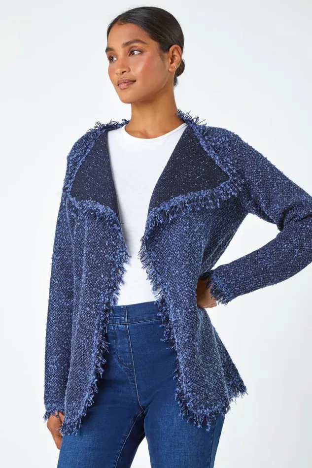 Denim Fringed Boucle Contrast Cardigan Women Roman Knitwear