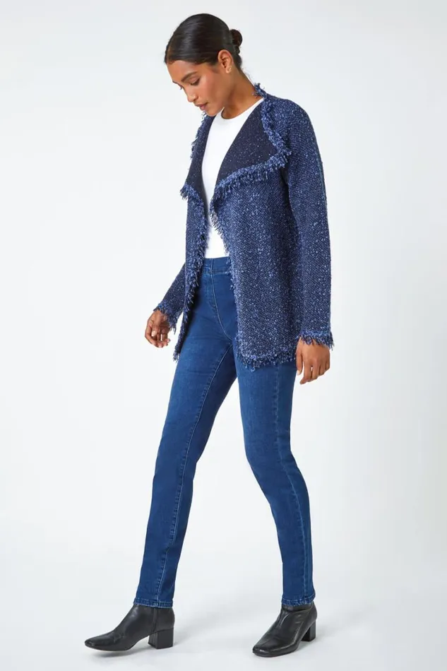 Denim Fringed Boucle Contrast Cardigan Women Roman Knitwear