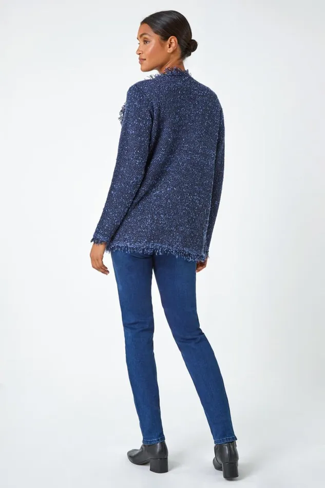 Denim Fringed Boucle Contrast Cardigan Women Roman Knitwear