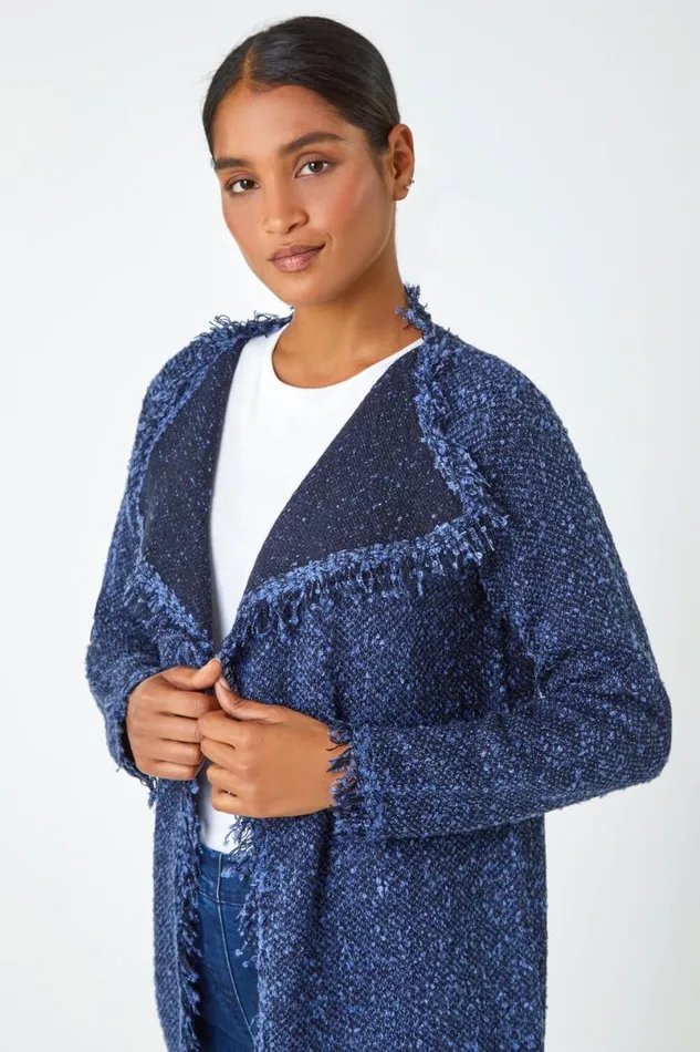 Denim Fringed Boucle Contrast Cardigan Women Roman Knitwear