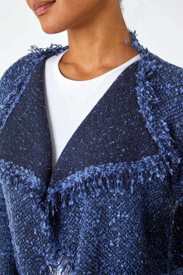 Denim Fringed Boucle Contrast Cardigan Women Roman Knitwear