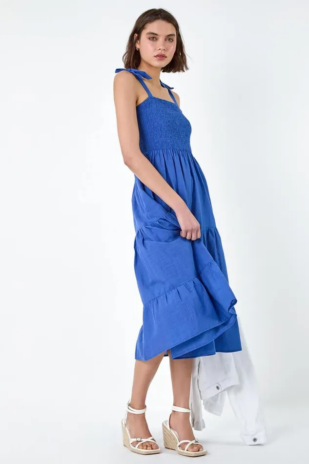 Denim Shirred Tie Cotton Tiered Midi Dress Women Roman Dresses