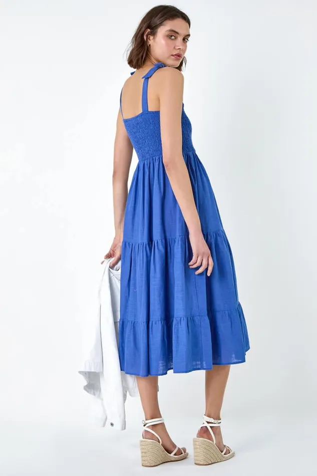 Denim Shirred Tie Cotton Tiered Midi Dress Women Roman Dresses
