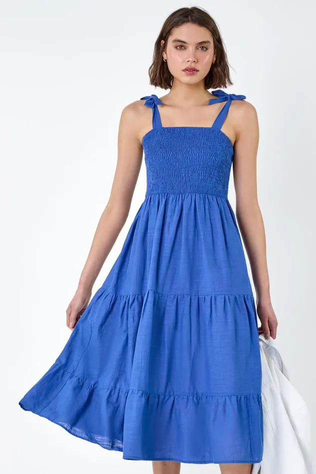 Denim Shirred Tie Cotton Tiered Midi Dress Women Roman Dresses