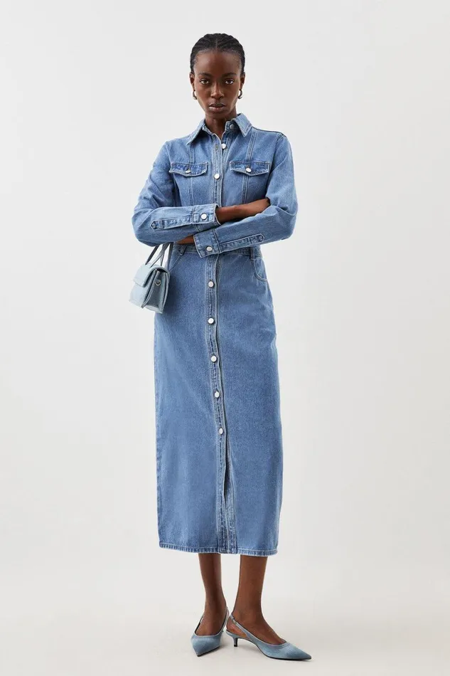 Denim Women Karen Millen Denim Long Sleeve Midi Shirt Dress Mid Wash