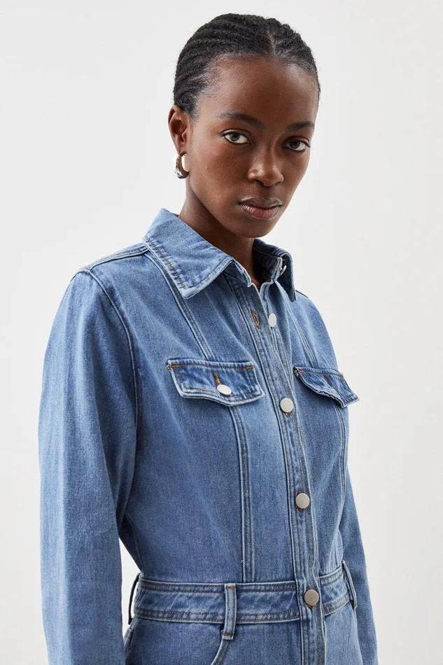 Denim Women Karen Millen Denim Long Sleeve Midi Shirt Dress Mid Wash