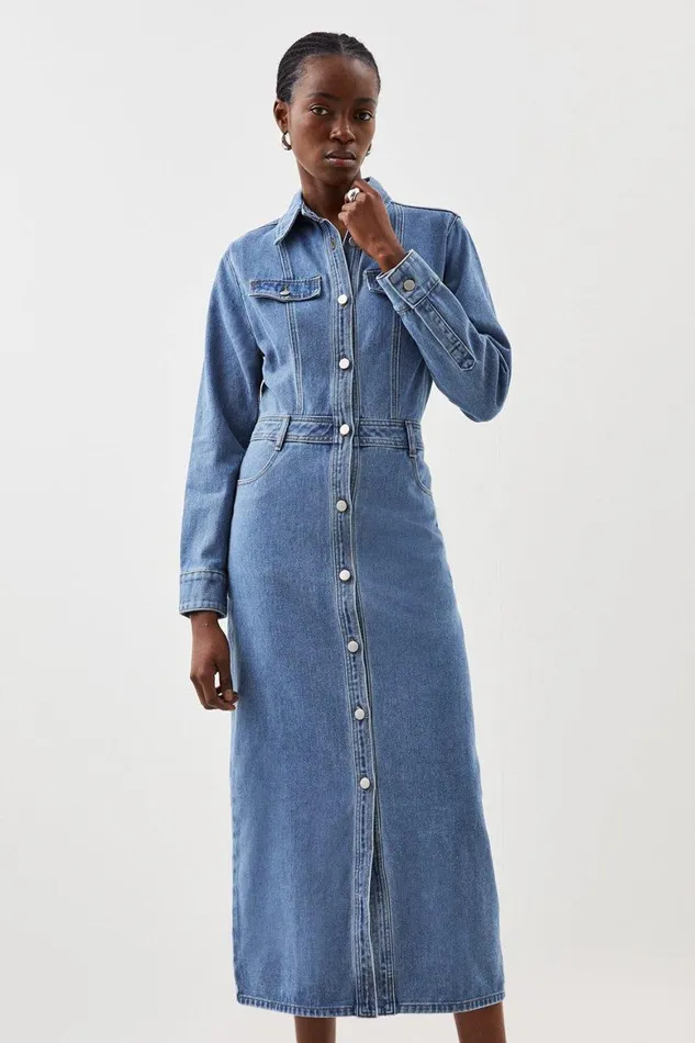 Denim Women Karen Millen Denim Long Sleeve Midi Shirt Dress Mid Wash