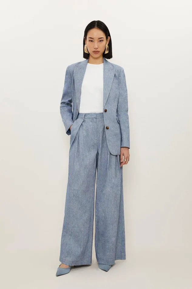 Denim Women Karen Millen Tailored Denim Look Linen Wide Leg Trousers Blue