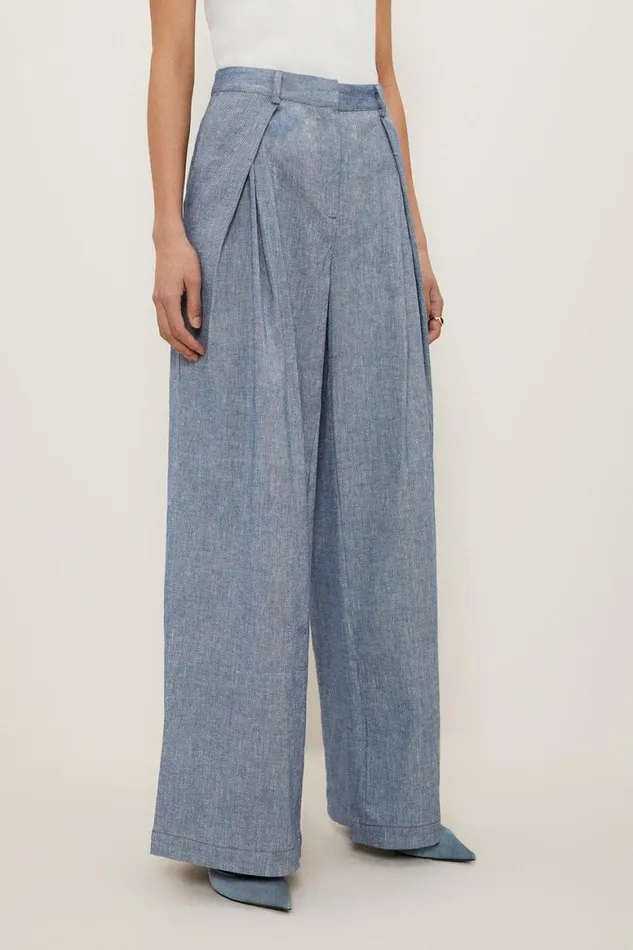Denim Women Karen Millen Tailored Denim Look Linen Wide Leg Trousers Blue
