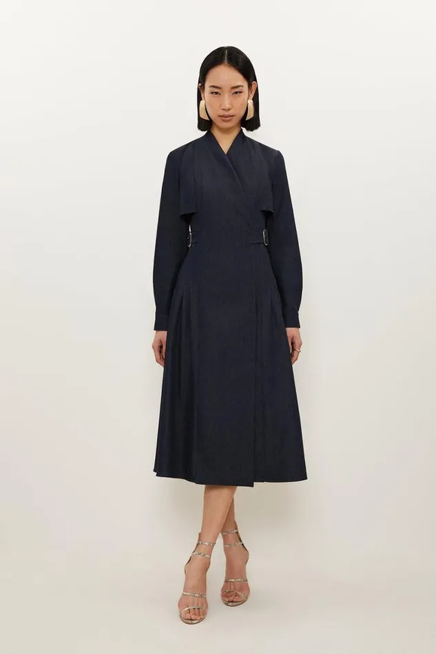 Denim Women Karen Millen Tailored Denim Pleated Panel Skirt Dress Denim