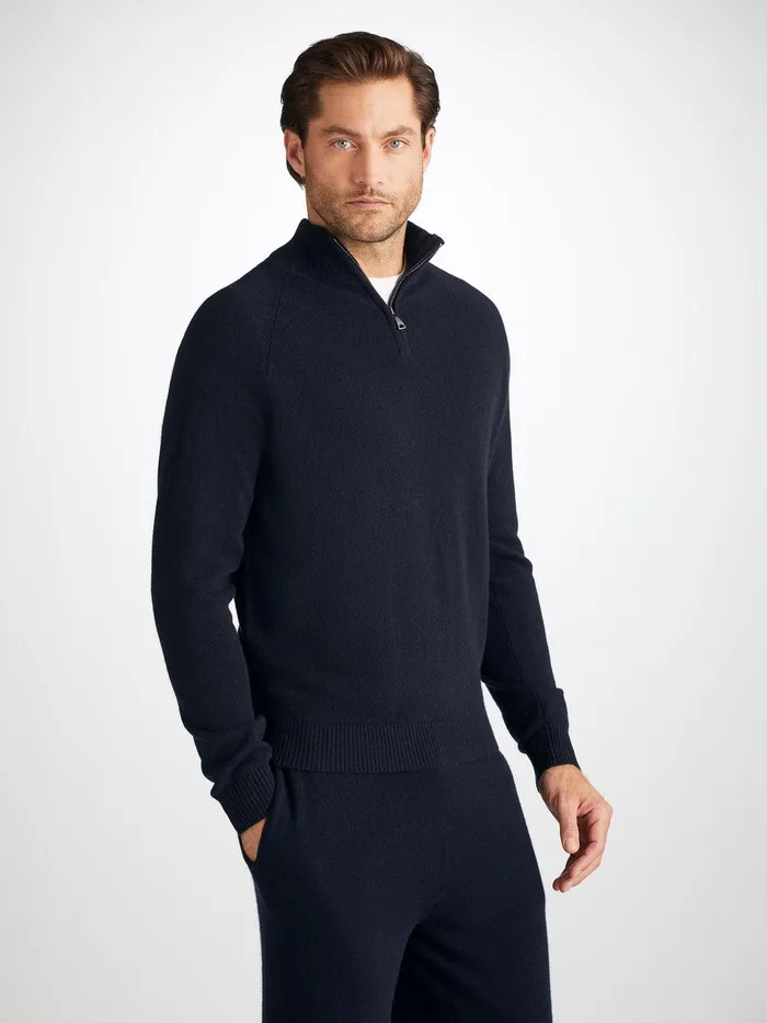 Derek Rose HalfZip Sweater Finley Cashmere Navy Men Cashmere Sweaters