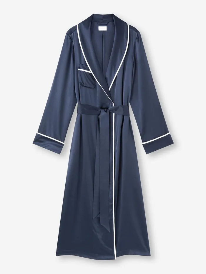 Derek Rose Long Robe Bailey Silk Satin Navy Women Silk Robes